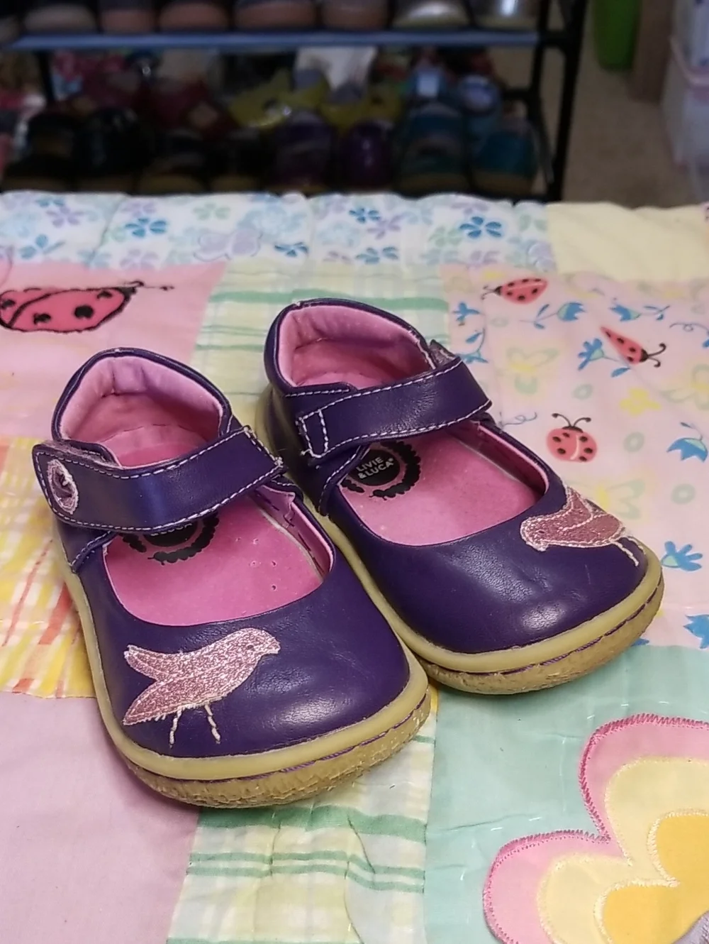 Livie & Luca Purple Leather Mary Jane Shoes with Pink Glitter Bird Size 5 Pio